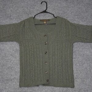 Inis Crafts Cardigan Sweater Womens M Green Merino Wool Irish Aran Cable Knit
